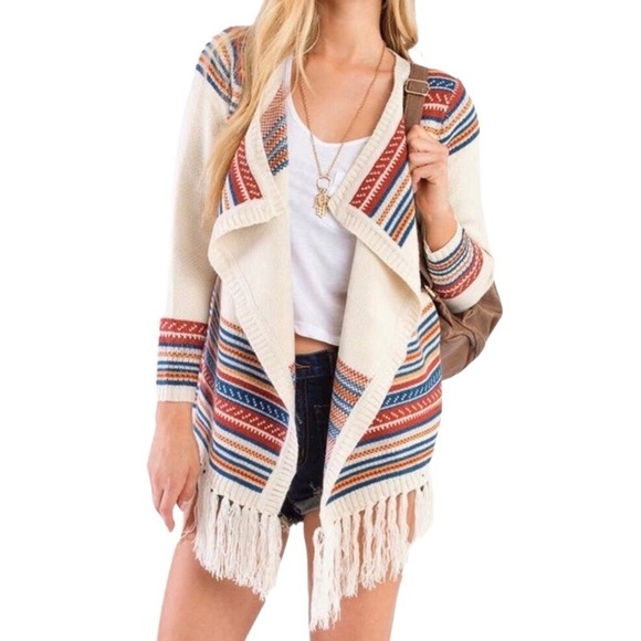 TOBI Annie Fringe Cardigan Drape Front Sweater Ivory Stripe Size M/L LV6291 - Picture 1 of 8